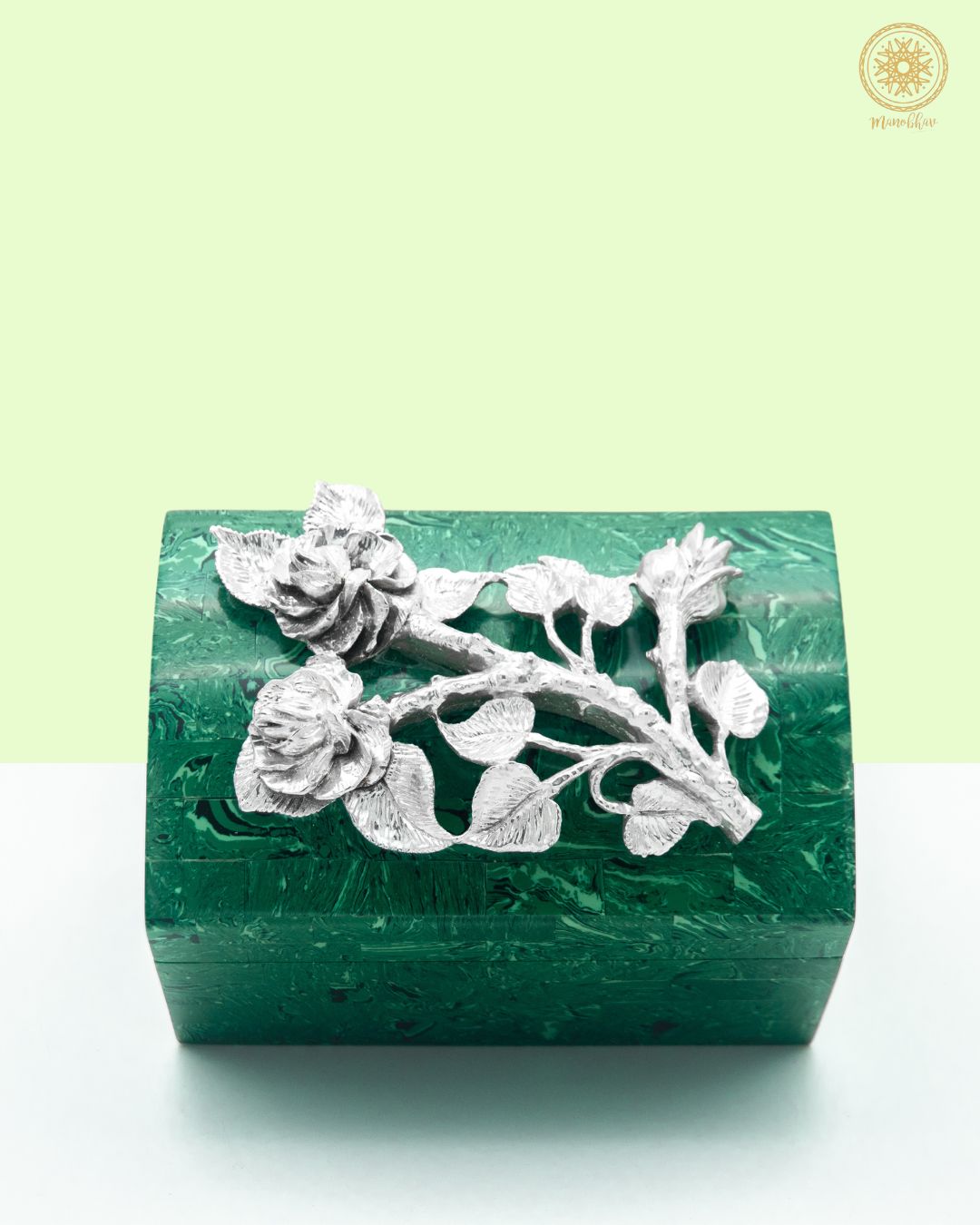 Malachite Jewelry Box Embellished with Silver Rose Motif