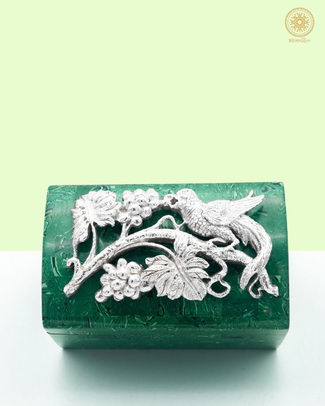 Malachite Jewelry Box Embellished with Silver flower and bird