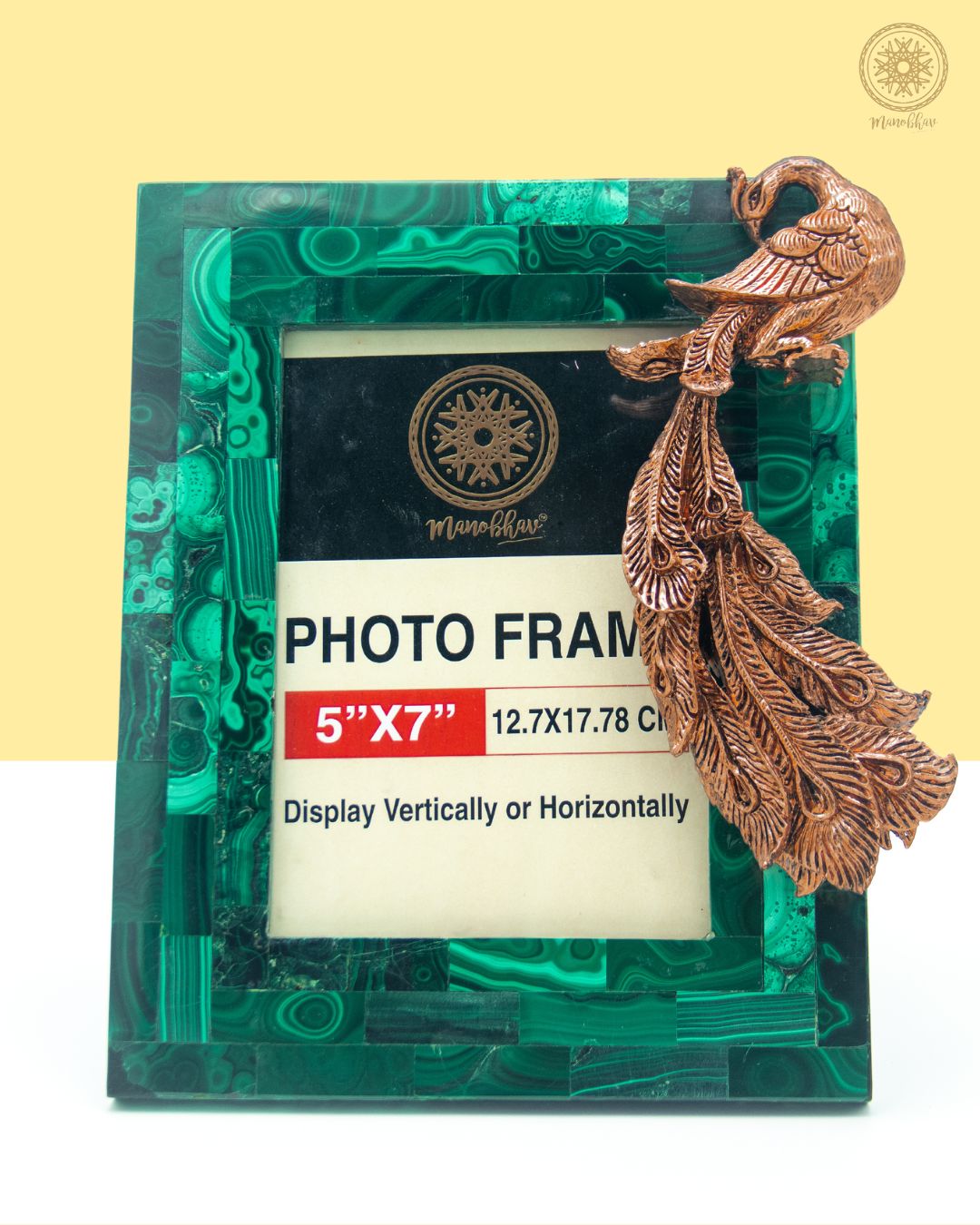 Natural Malachite Photo Frame | Embellished with Rose Gold Peacock