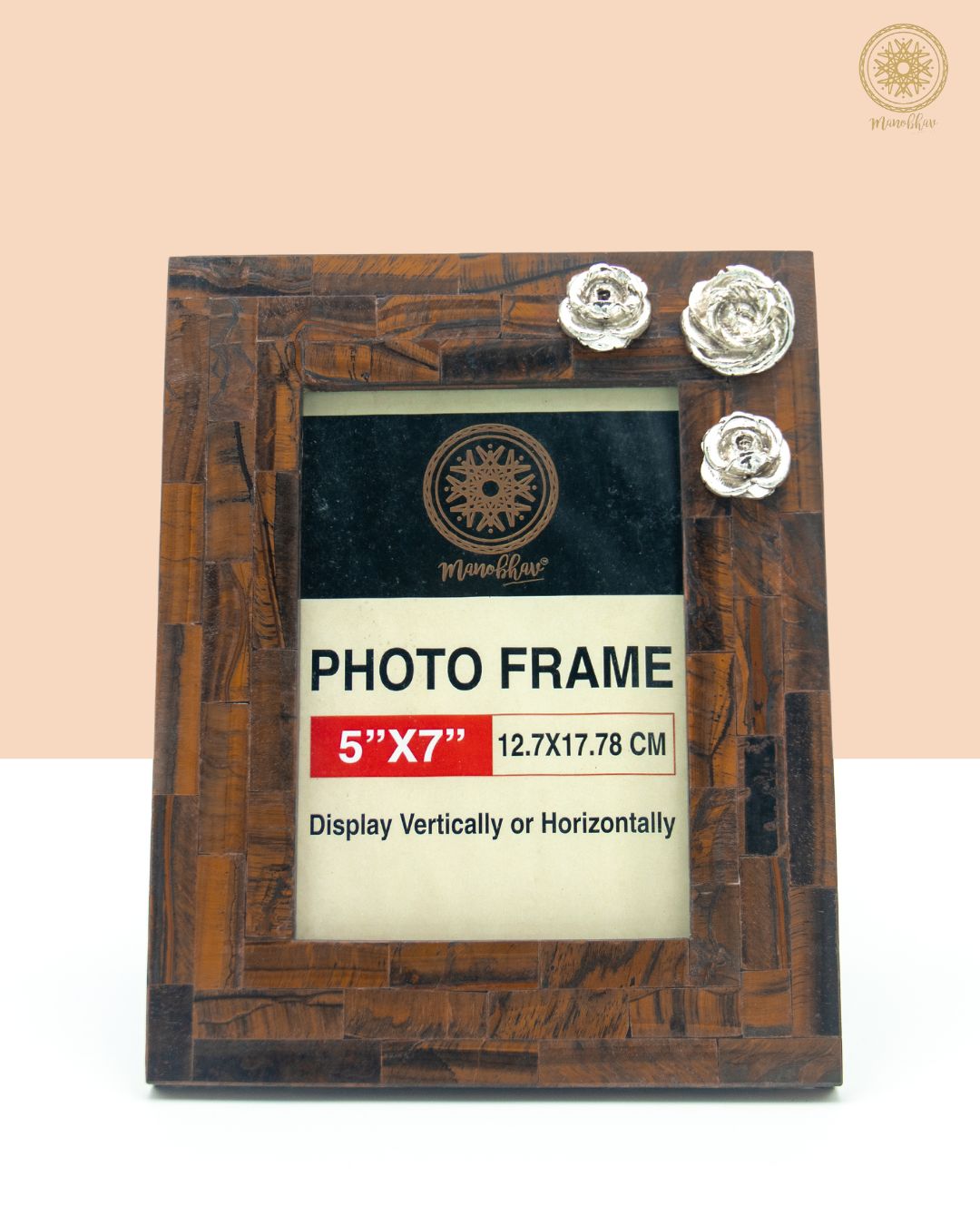 Natural Tiger Eye Photo Frame Stand | Embellished with Silver Rose