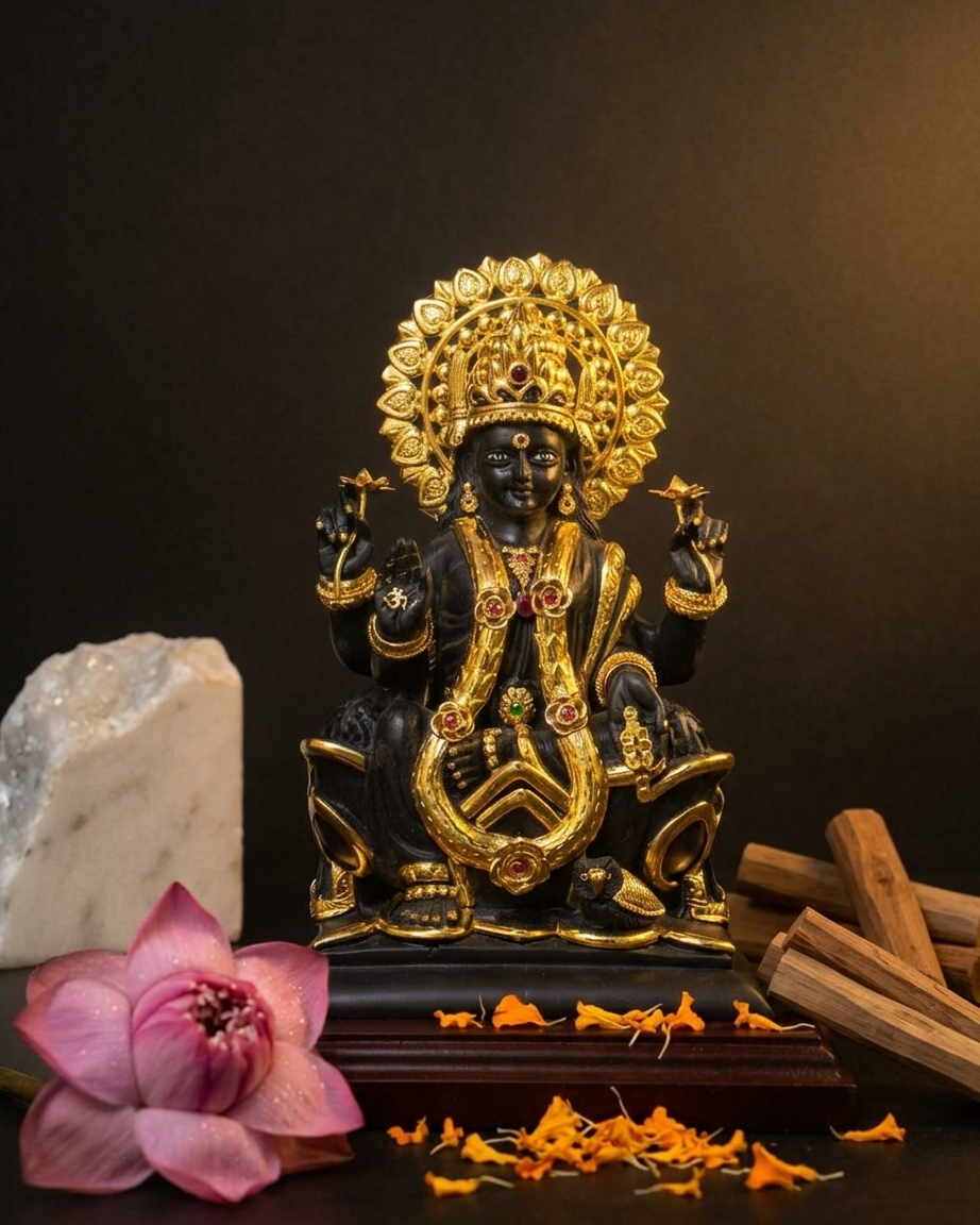 Black Lakshmi Ji Idol with Beautiful Mukut and Gold Plated Jewellery