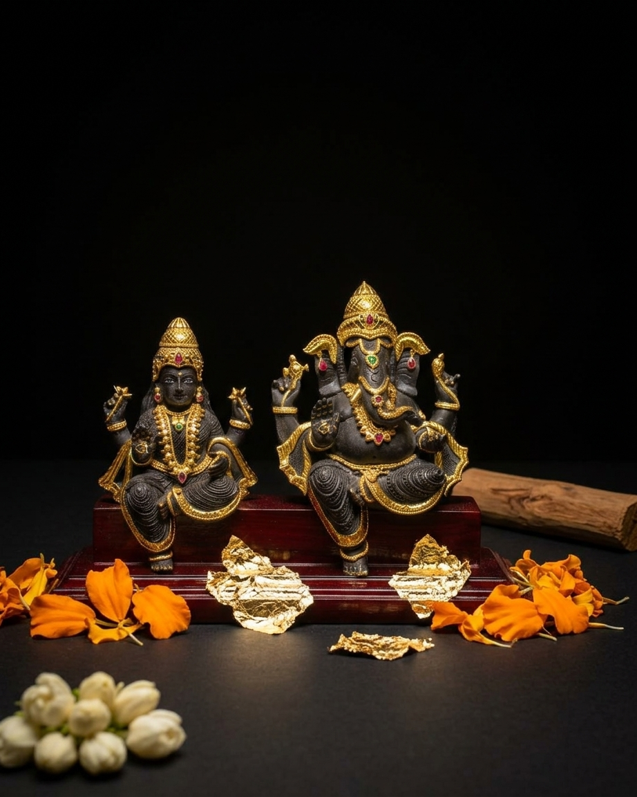 Black Lakshmi Ganesha Idol Set with Gold Plated Jewellery