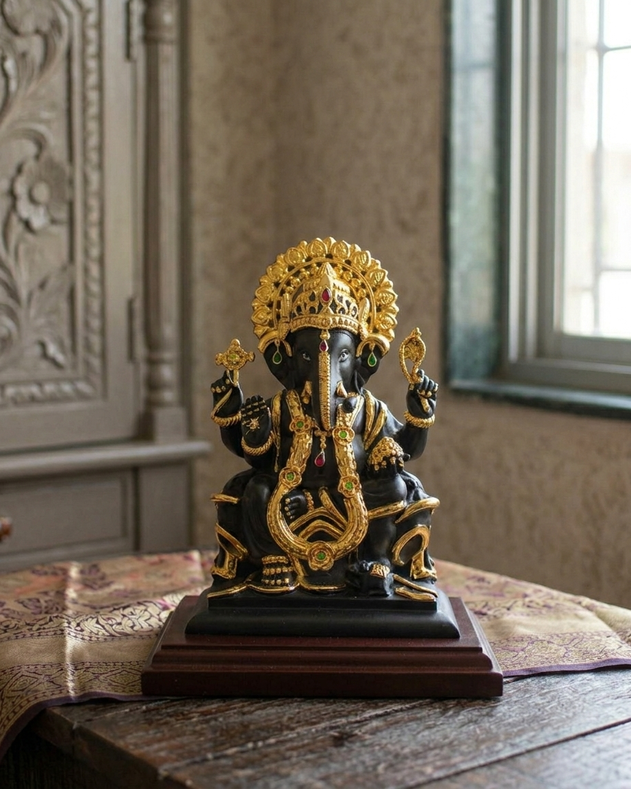 Black Lord Ganesha Idol with Beautiful Mukut and Gold Plated Jewellery
