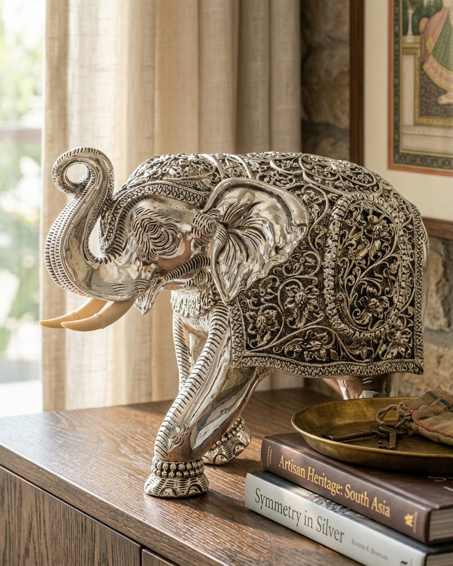 Handgefertigtes, versilbertes Elefanten-Schaustück mit handgeschnitztem Blumenmuster