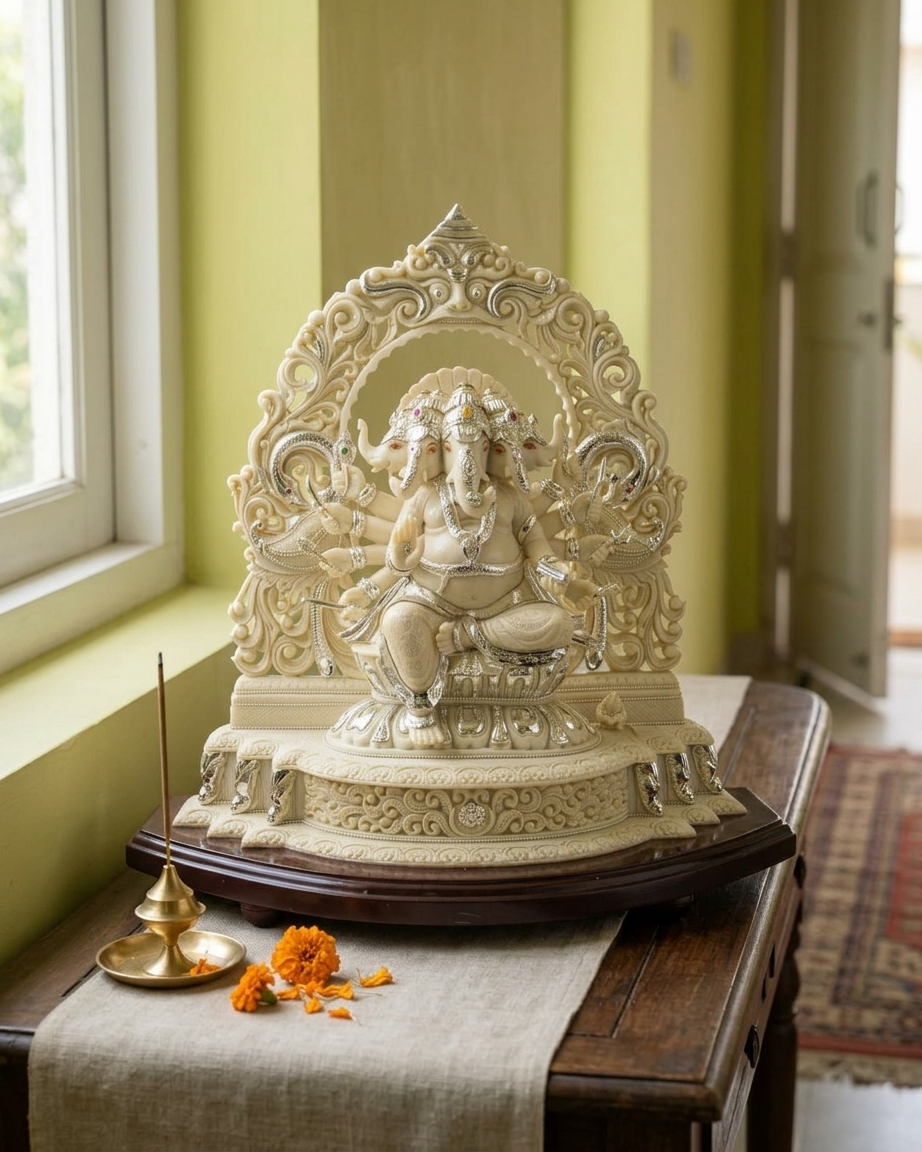 Large Panchmukhi Ganesha Idol in Marble Dust with Silver-Plated Jewelry