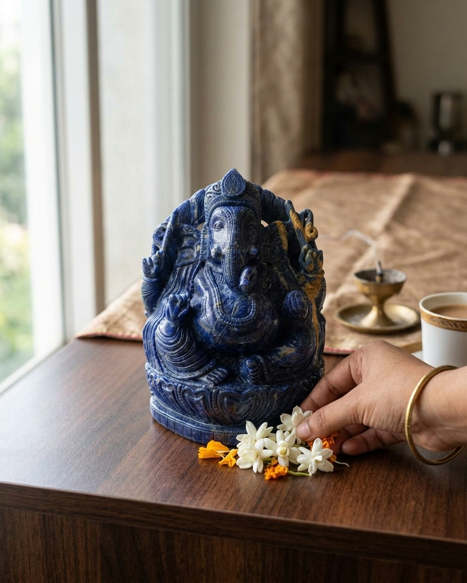 Blue Quartz Sitting Ganesha Statue for Wisdom and Positive Energy