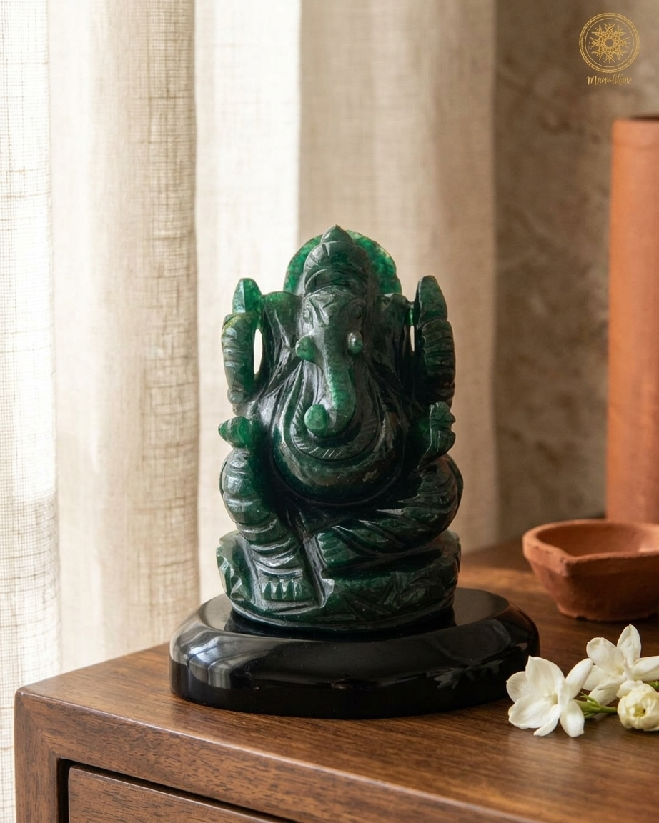Hand Carved Green Aventurine Lord Ganesha Idol | Decorative Sculpture