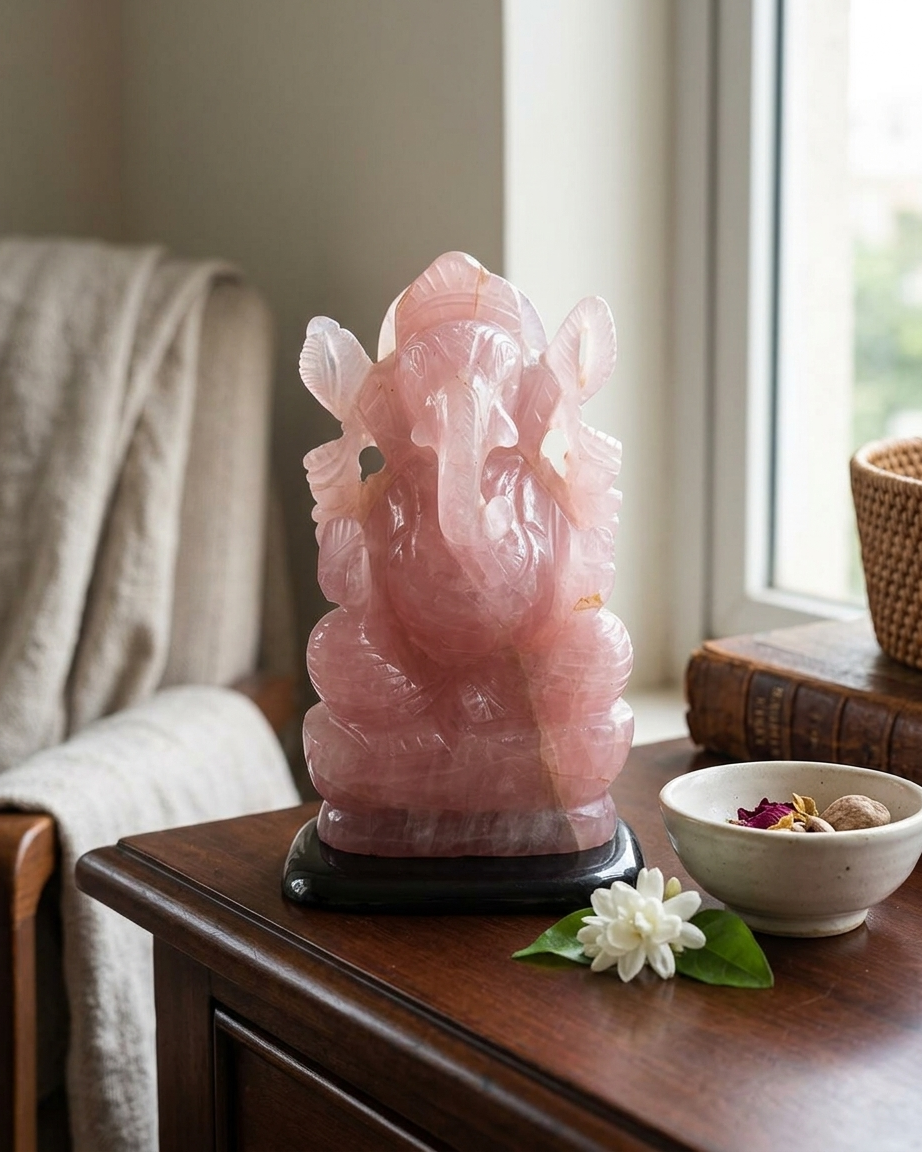 Handcrafted  Rose Quartz Ganesha Idol