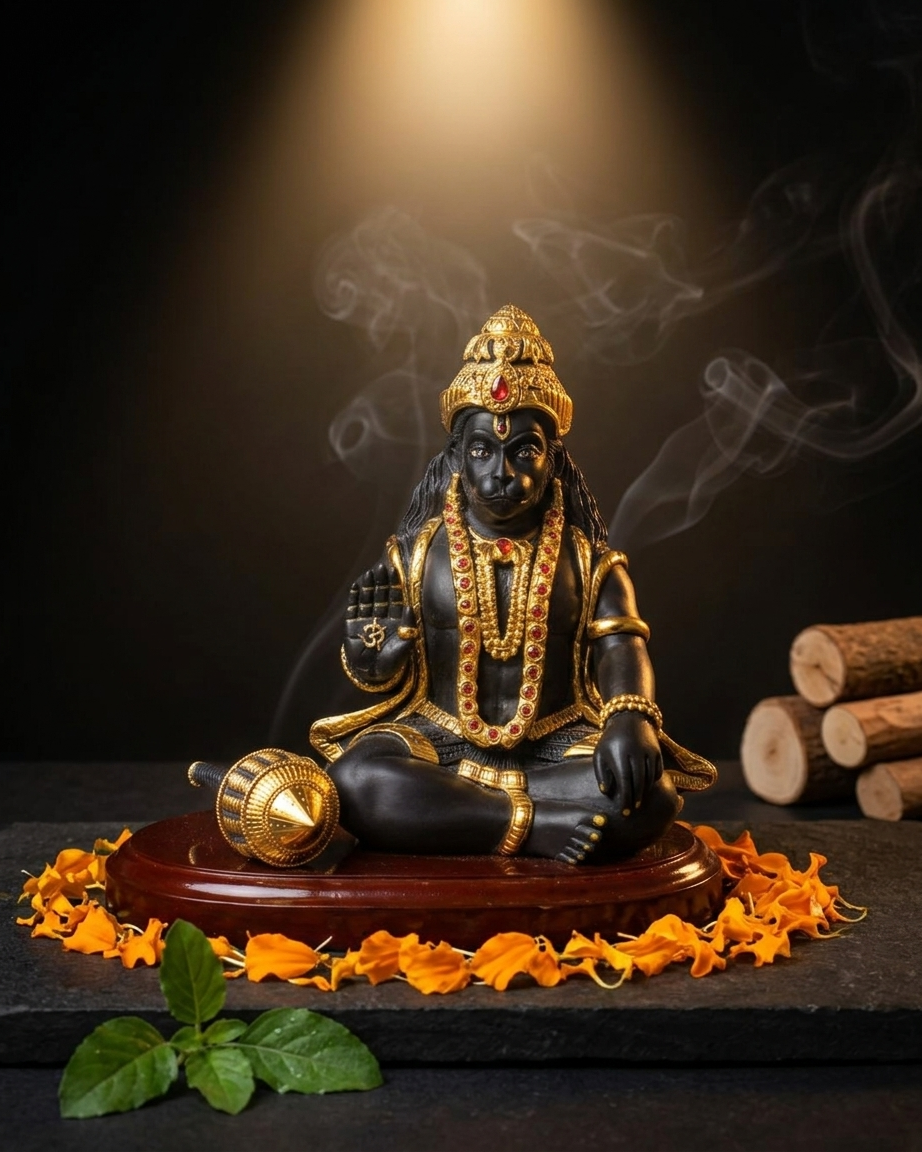 Black Lord Hanuman Idol Giving Blessings with Gold-Plated Jewelry
