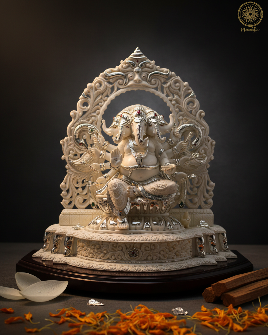 White Panchmukhi Ganesha Idol with Silver-Plated Jewelry for Home Temple