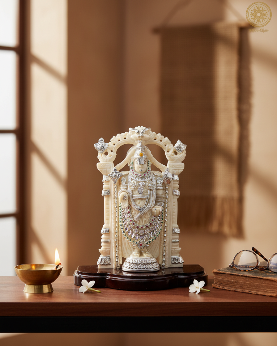 Marble Dust Large Lord Venkateswara Idol with Silver-Plated Jewelry