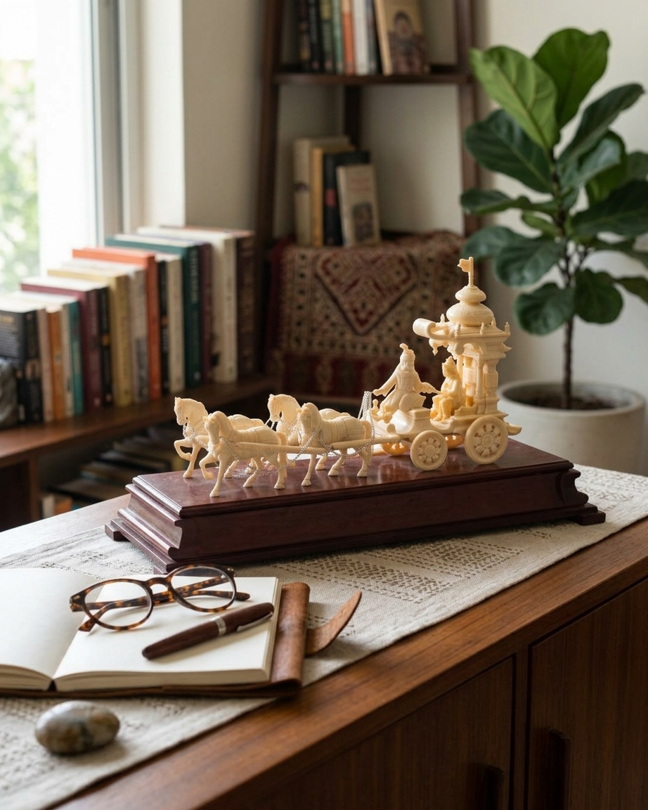 Arjun-Krishna Mahabharat Rath Showpiece | Resin Kurukshetra Chariot