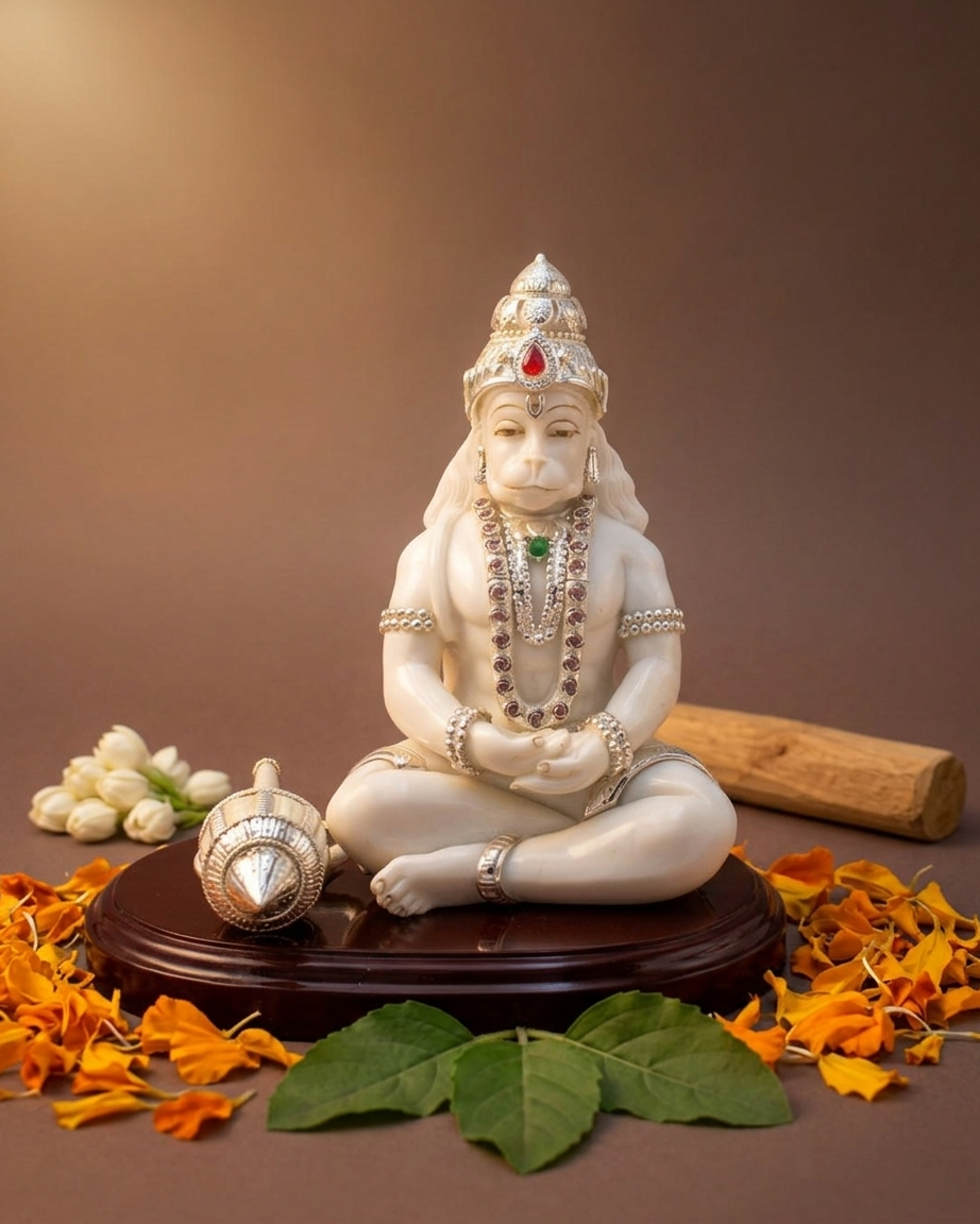 Handmade Marble-Dust Lord Hanuman Idol with Silver-Plated Ornaments