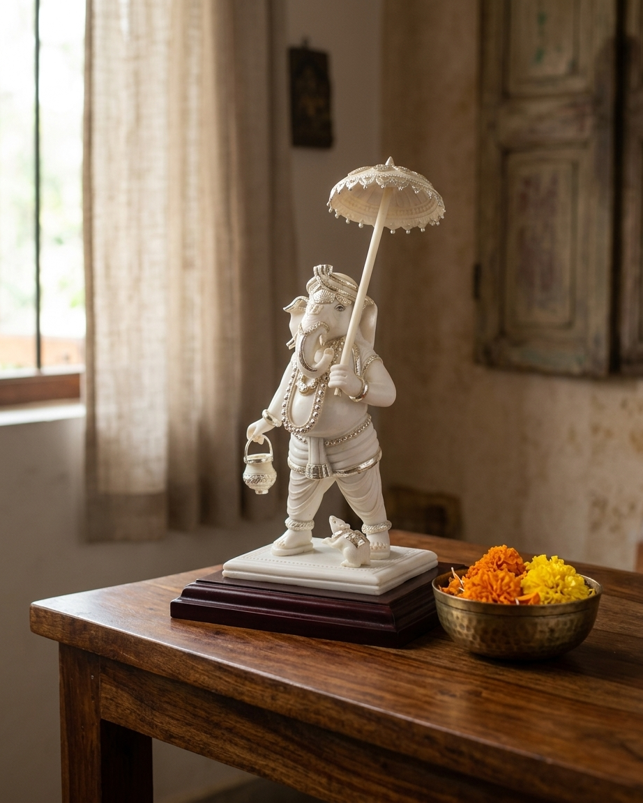 Handcrafted Standing Lord Ganesha Idol with Umbrella