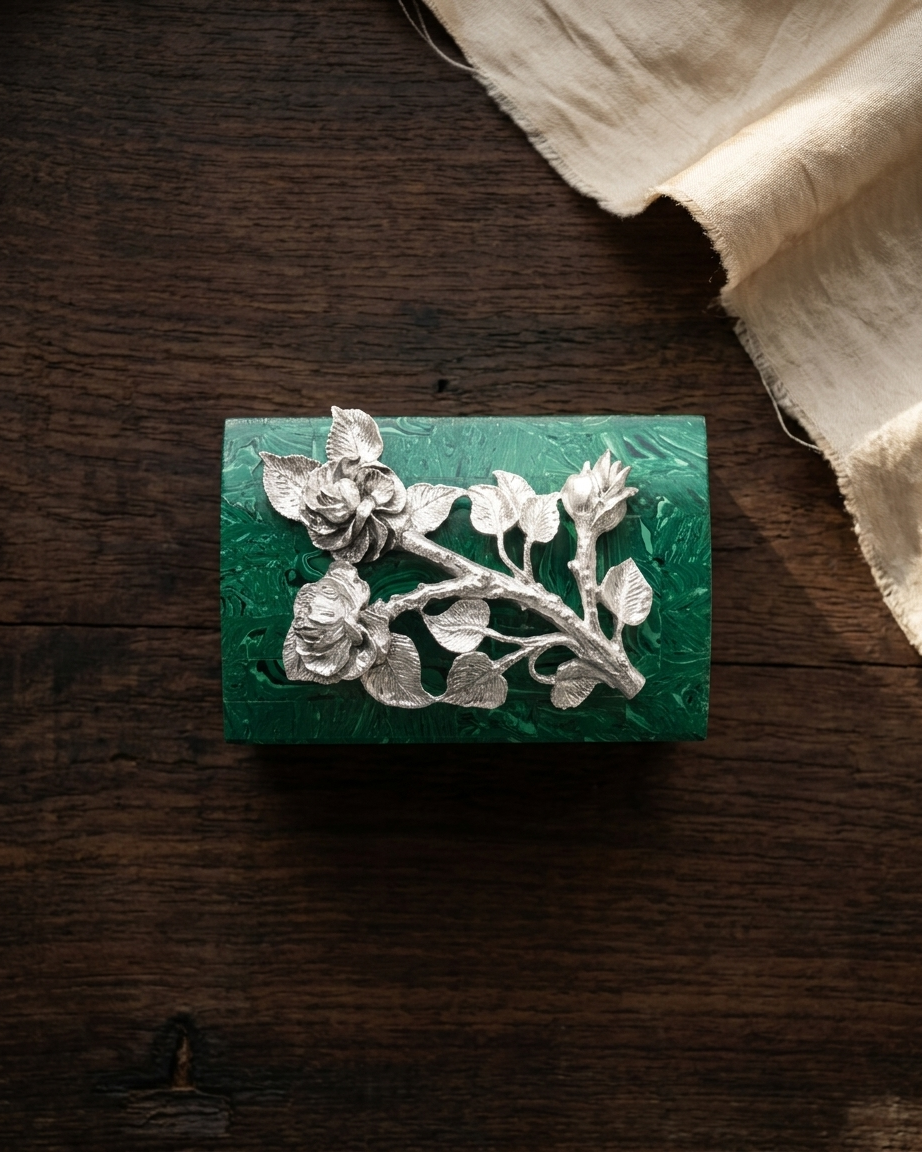Malachite Jewelry Box Embellished with Silver Rose Motif
