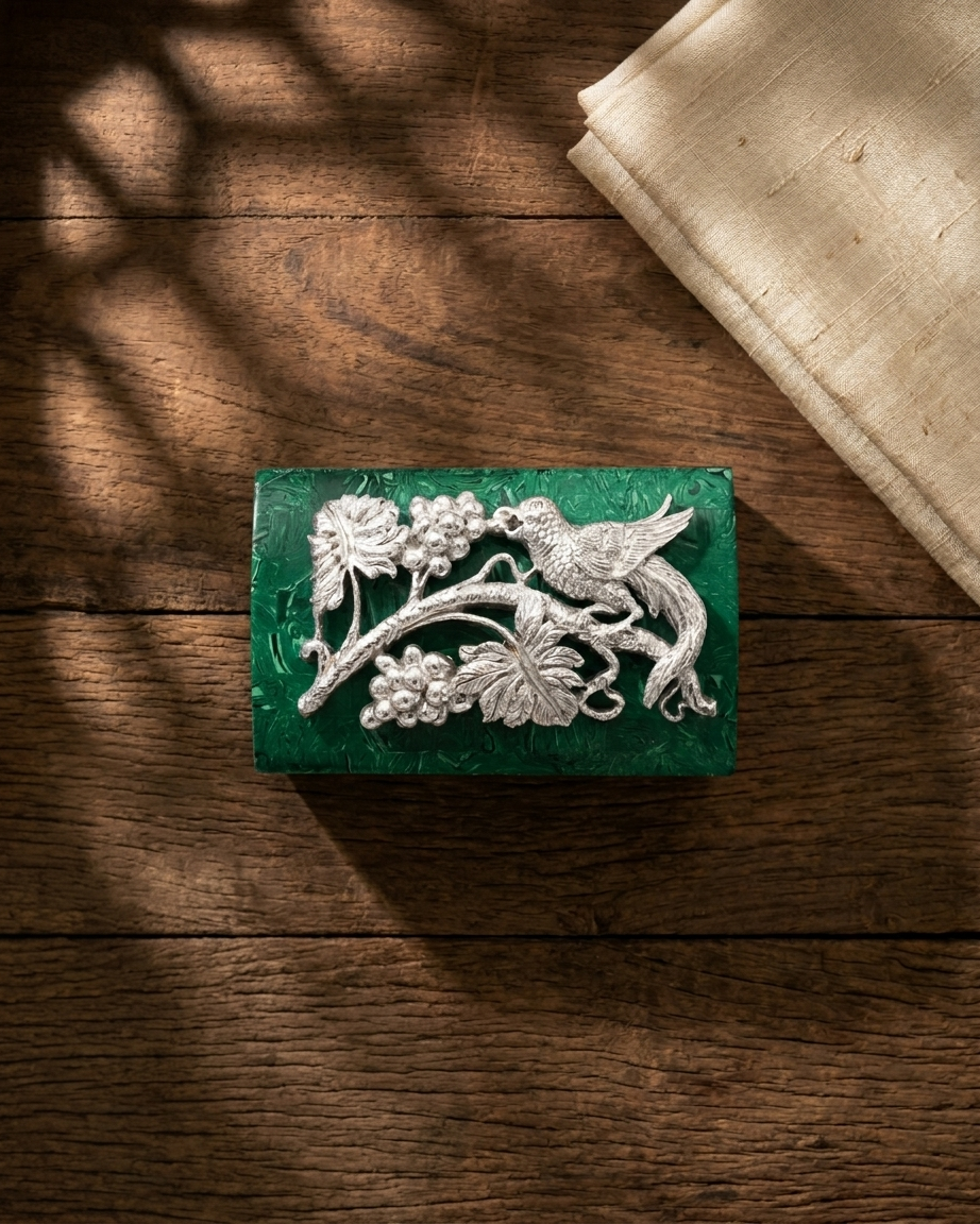 Malachite Jewelry Box Embellished with Silver flower and bird