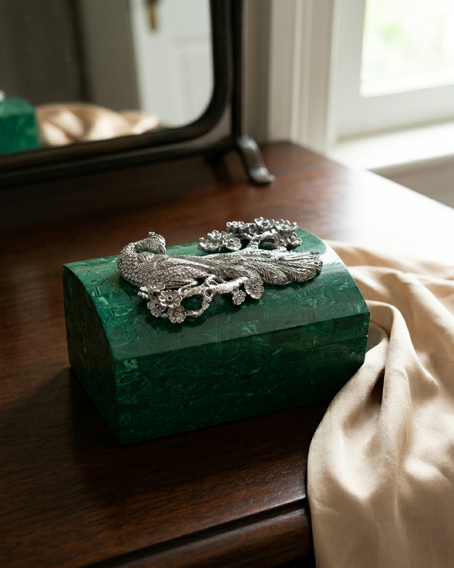 Malachite Jewelry Box Embellished with Silver Peacock