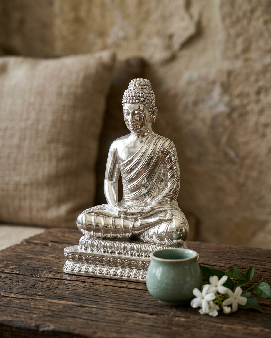 Handgeschnitzte Buddha-Statue | Versilberte Harzskulptur für die Heimdekoration