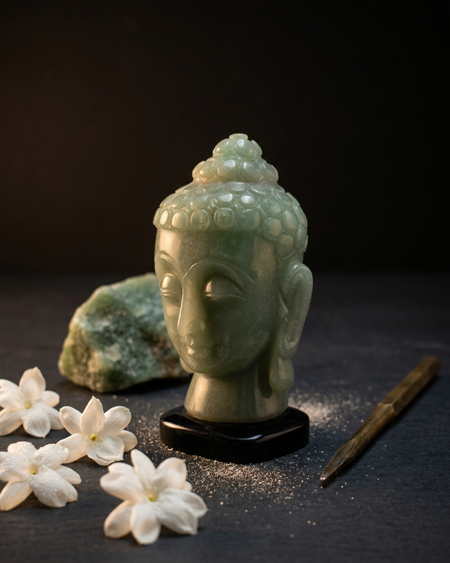 Green Aventurine Crystal Buddha Head Statue – Symbol of Peace, Luck & Positive Energy