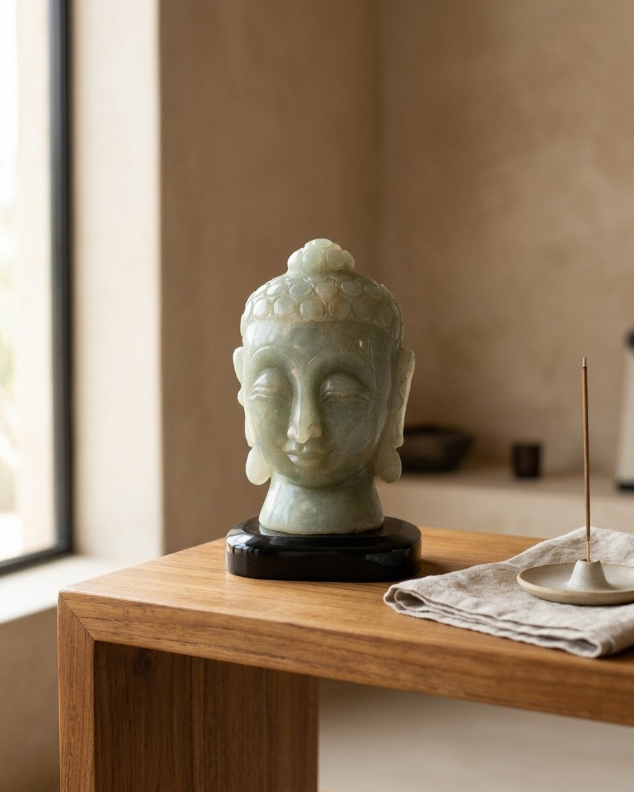 Hand Carved Green Aventurine Buddha Head | Crystal Statue for Calm & Luck