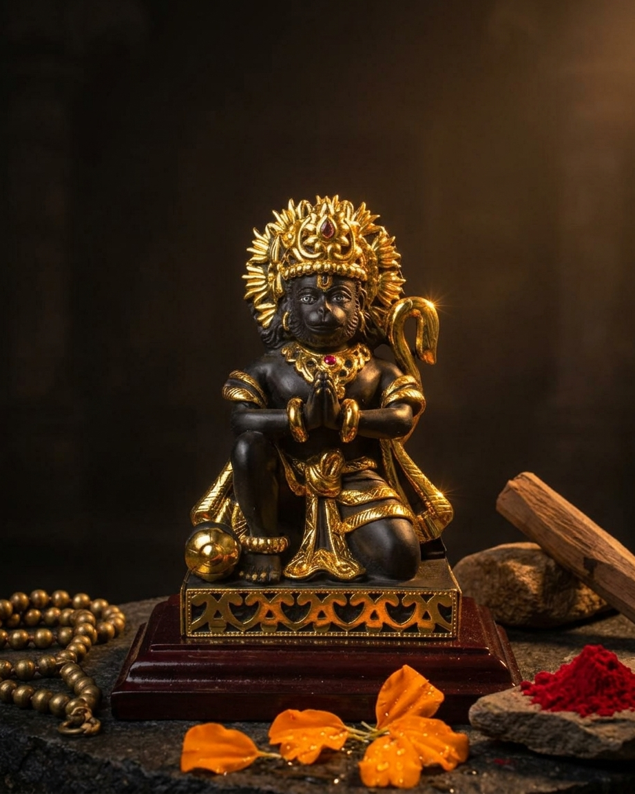 Black Hanuman Ji Idol with Beautiful Mukut and Gold Plated Jewellery