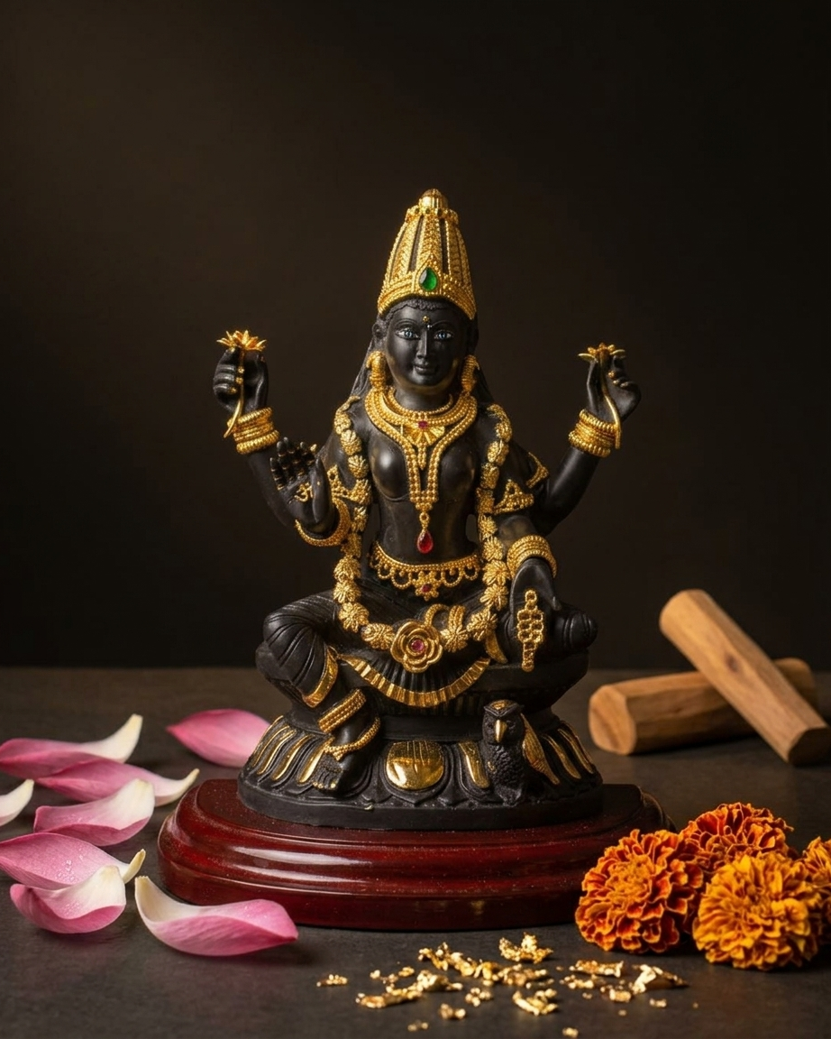 Black Lakshmi Ji Idol 9.6 Inch with Gold Plated Jewellery