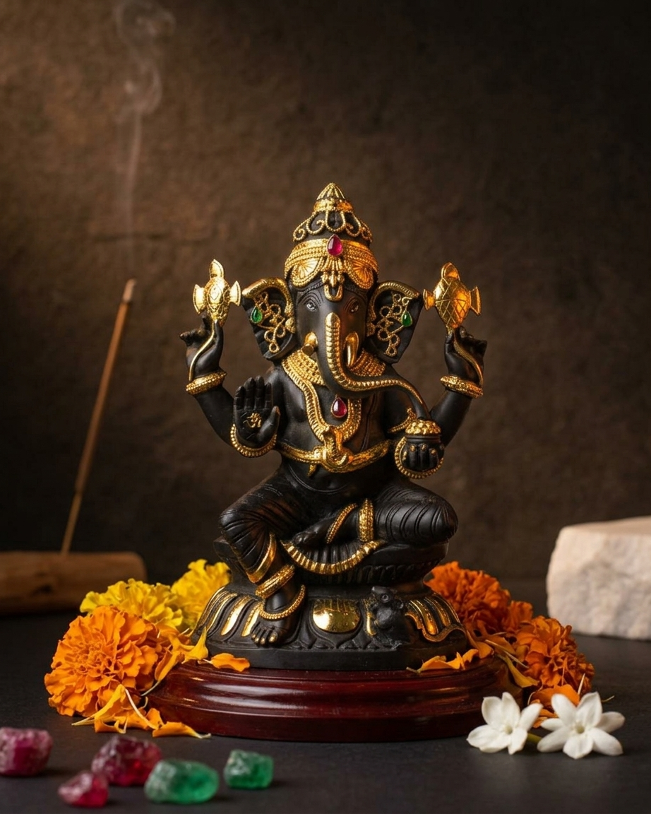 10" Black Lord Ganesha Idol with Gold-Plated Jewelry